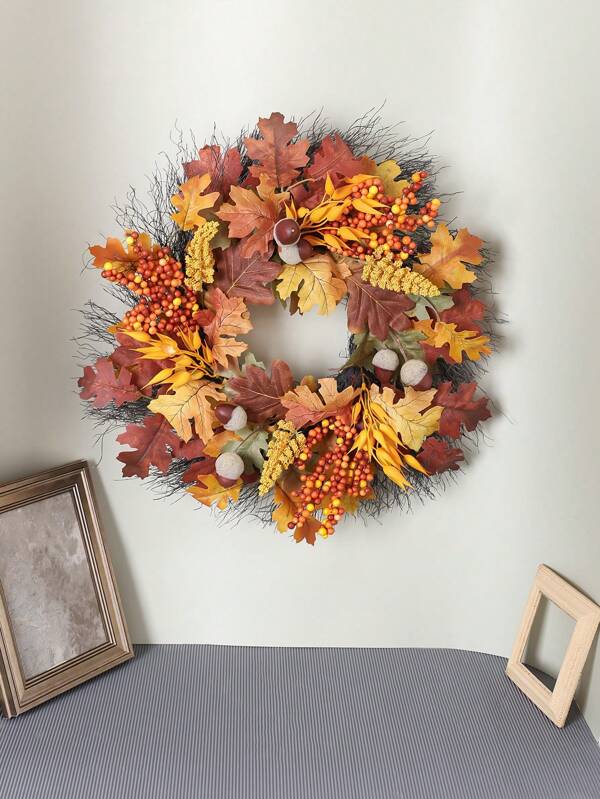 1pc Artificial Berries & Maple Leaves Wreath, Autumn Holiday Home Front Door Patio Hanging Decoration, Valentine Day, Gift