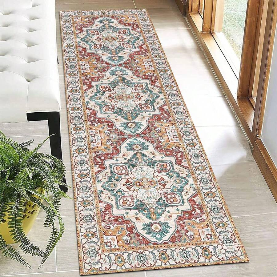 1pc Red & Yellow Bohemian Super Soft Fiber Kitchen Rug, Comfortable Bedside Rug, Hallway Carpet, Striped Rug, Non-Slip Farmhouse Kitchen Mat, Machine Washable, Foot Pad, Small Rug, Suitable For Floor, Comfortable Standing Mat, Running Mat, Party Gathering Home Decor Carpet, Indoor Entrance Doormat - Multicolor - View 1