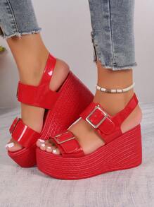 Damen Plateau Keilsandalen, Rote Farbe mit verstellbarer Schnalle, dicker Boden, Schlappen, Lässig Sommerschuhe