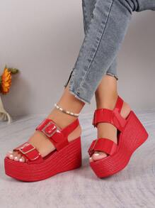 Damen Plateau Keilsandalen, Rote Farbe mit verstellbarer Schnalle, dicker Boden, Schlappen, Lässig Sommerschuhe