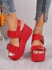 Damen Plateau Keilsandalen, Rote Farbe mit verstellbarer Schnalle, dicker Boden, Schlappen, Lässig Sommerschuhe