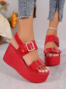 Damen Plateau Keilsandalen, Rote Farbe mit verstellbarer Schnalle, dicker Boden, Schlappen, Lässig Sommerschuhe