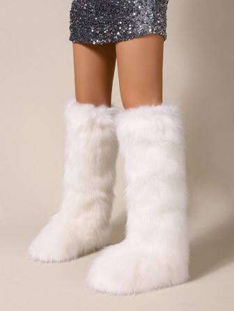 女士冬靴，时尚女士及膝靴，蓬松内衬高筒靴，适合 14-15.7 英寸小腿，万圣节派对