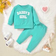 2 piezas Conjunto de sudadera de manga larga con estampado de letras y pantalones para niñas