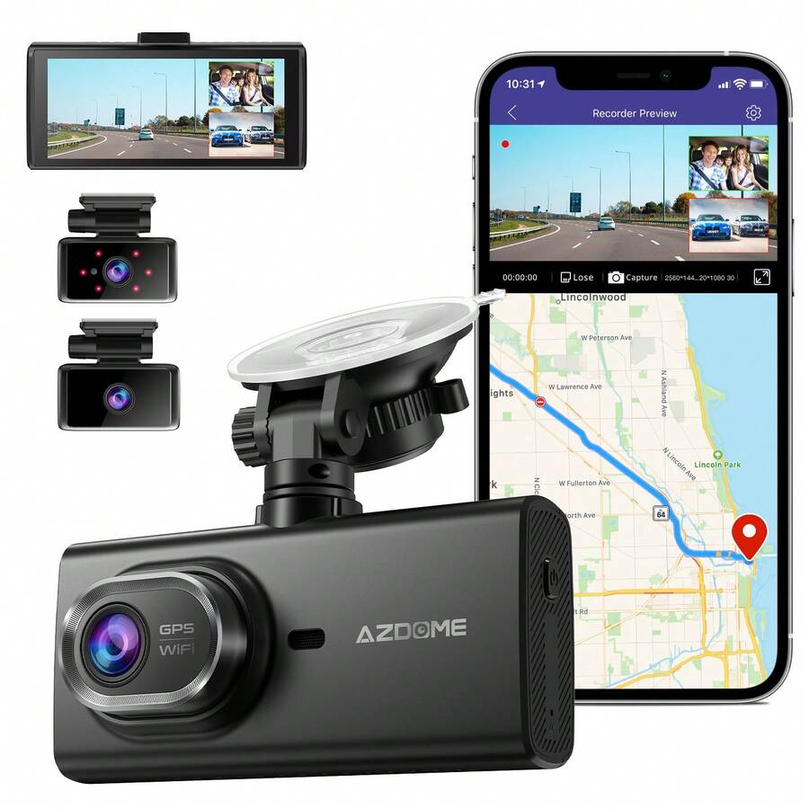 AZDOME M560 3 Channel 4K Dash Cam, 4" IPS Touchscreen Built-In EMMC 128GB Front And Rear Inside, With WiFi GPS 24H Parking Mode IR Night Vision G-Sensor - 黑色 - 查看 1