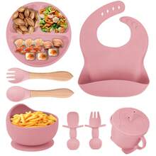 Silicone Baby Cutlery 8 Pieces Children's Cutlery Kit With Suction Cup Straw Spoon Bib Fork - Hồng - Xem 2