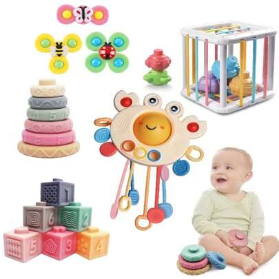 Montessori Baby Toys - 5 In 1 Infant Toy Gift Set With Pull Strings Teethers, Stacking Blocks, Sensory Shapes, Storage Box And Bath Toy, Suitable For 6-18 Months Boys & Girls