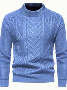 Men's Solid Color Minimalist Crewneck Long Sleeve Sweater, Casual Daily Wear, Fall/Winter - Blue - View 2