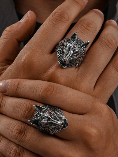 1 pieza Anillo de hombre con cabeza de lobo de patrón gótico retro, incrustado con circonita cúbica en ojos de acero inoxidable, joyería de verano