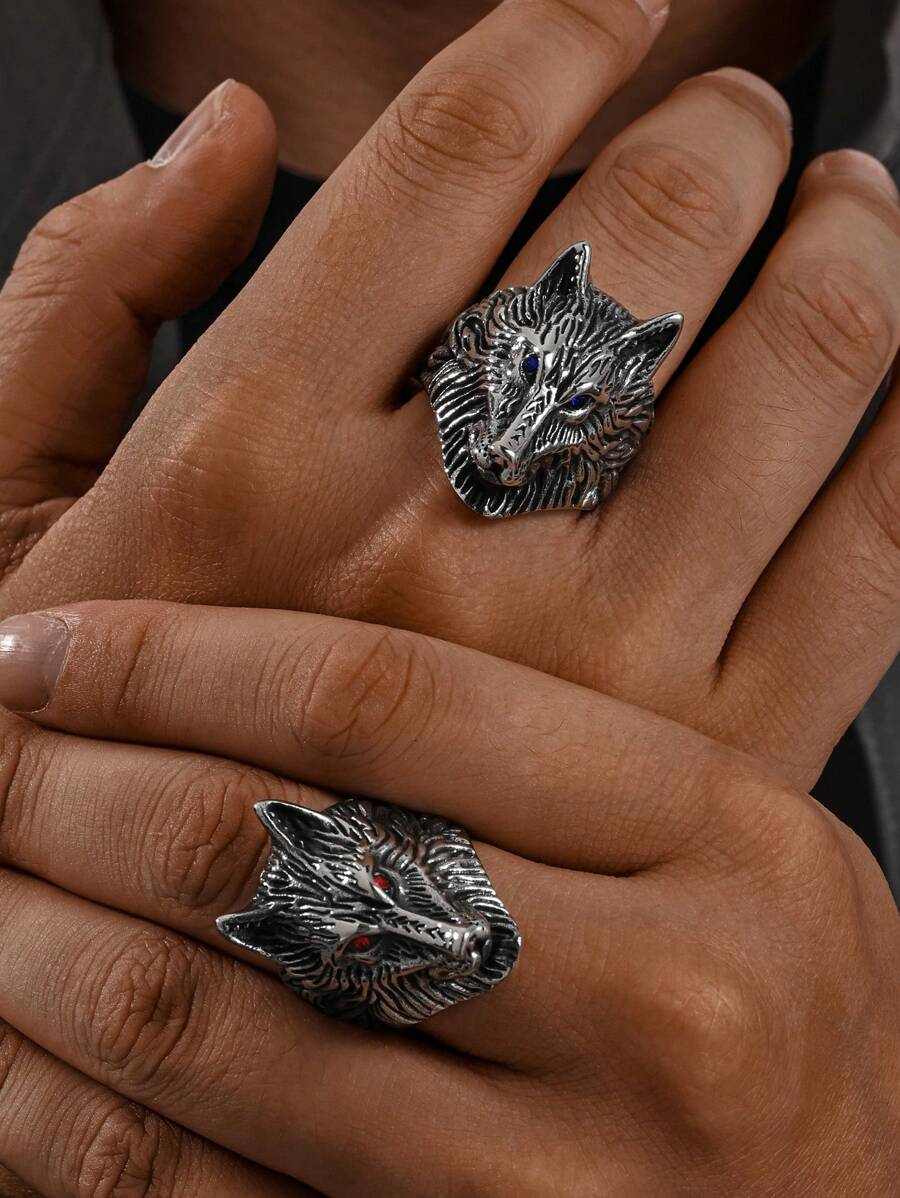 1pc Stainless Steel Inlaid Cubic Zirconia Eyes Retro Gothic Wolf Head Pattern Men's Rings Summer Jewelry - Ring - View 1