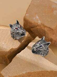 1pc Stainless Steel Inlaid Cubic Zirconia Eyes Retro Gothic Wolf Head Pattern Men's Rings Summer Jewelry - Ring - View 2