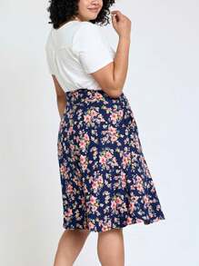 Boho Retro Knee Length Skirt Ditsy Floral - Navy Blue - View 6