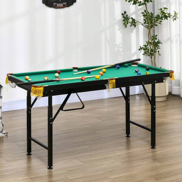 SPORTNOW Billardtisch 4,6ft klappbar 140 x 63 x 55-75 cm Tischbillard mit Zubehör, Dreieck, 2 Queues, 16 Kugeln für Jugend, Erwachsene, Stahl, Grün