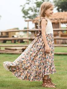 Tween Girl Fluttering Sleeve Strap Dress Bowknot Backless Floral Asymmetrical Hem Princess Boho Vacation Party Dress, Spring/Summer
