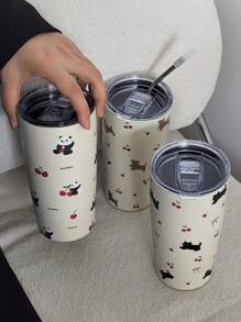 1pc 20oz/600ml Cute Animal & Cherry Pattern Vacuum Insulated Water Bottle, Leak-Proof Thermal Flask, Camping Coffee Cup, Back To School, Holiday Gift, Birthday Gift (No Straw) Back To School - Multicolor - View 3