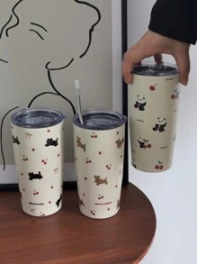 1pc 20oz/600ml Cute Animal & Cherry Pattern Vacuum Insulated Water Bottle, Leak-Proof Thermal Flask, Camping Coffee Cup, Back To School, Holiday Gift, Birthday Gift (No Straw) Back To School - Multicolor - View 2