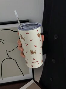 1pc 20oz/600ml Cute Animal & Cherry Pattern Vacuum Insulated Water Bottle, Leak-Proof Thermal Flask, Camping Coffee Cup, Back To School, Holiday Gift, Birthday Gift (No Straw) Back To School - Multicolor - View 6