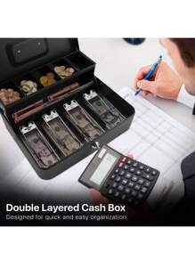 Caja de Seguridad para Dinero con Llaves y Cerradura de Seguridad, Caja Registradora con 4 Charolas para Billetes y 5 Depósitos para Monedas, Caja Fuerte para Almacenamiento de Efectivo - Negro - Ver 10