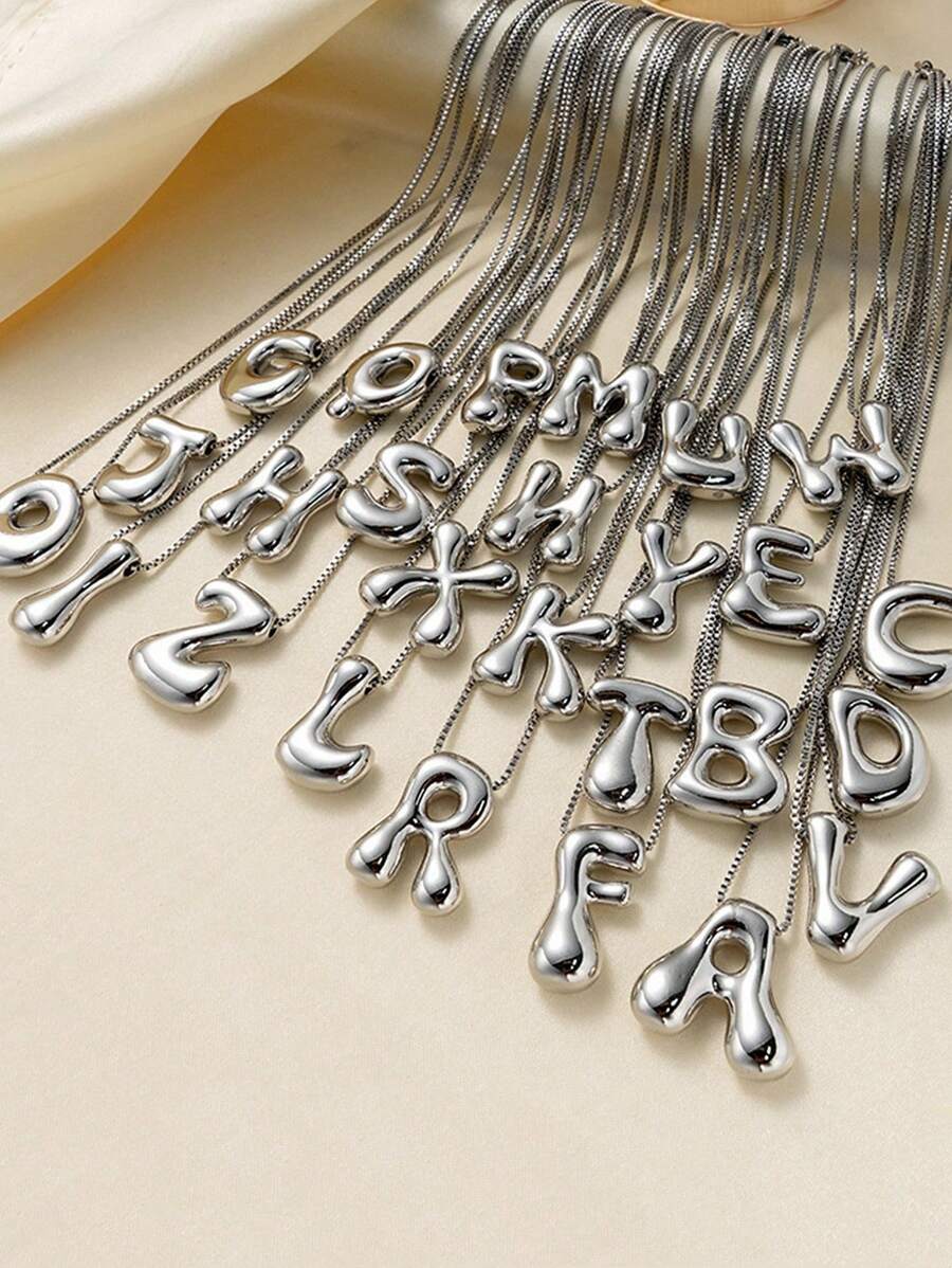 MECYLIFE 1 件女士不对称粗 3D 字母吊坠项链配不锈钢蛇链 - 銀色光面字母+盒仔鏈 - 查看 1