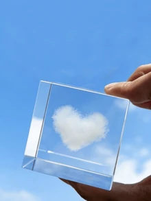 1pc Laser Engraved Crystal Glass Heart Shaped Decorative Cube Figurine - Multicolor - View 4