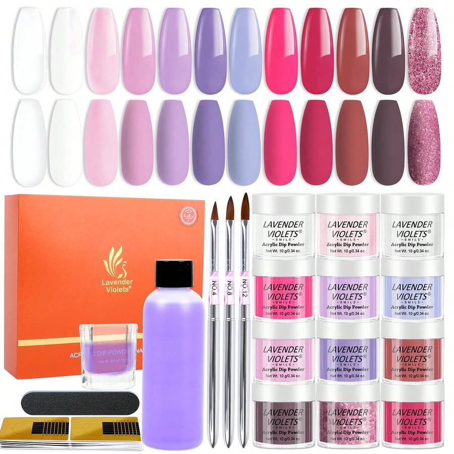 19入組丙烯酸指甲粉套裝，包含12種優雅的粉紫色丙烯酸粉和丙烯酸液單體、丙烯酸指甲刷、指甲模具、女性指甲延伸雕刻裝飾工具 - 彩色 - 查看 1