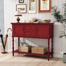 Console Table With 2 Drawers, Retro Entryway Table With 2 Door Cabinets And Open Storage Shelf, Narrow Long Sofa Table, Behind Couch Table For Living Room, Foyer And Hallway - 紅色 - 查看 1