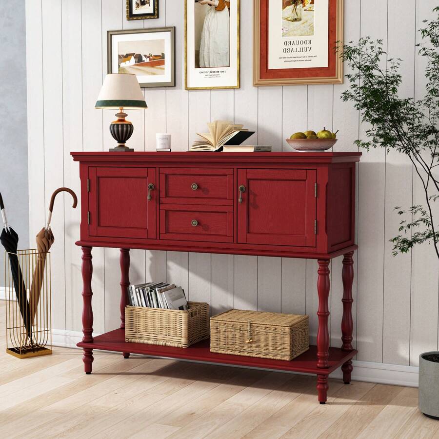 Console Table With 2 Drawers, Retro Entryway Table With 2 Door Cabinets And Open Storage Shelf, Narrow Long Sofa Table, Behind Couch Table For Living Room, Foyer And Hallway - 紅色 - 查看 1