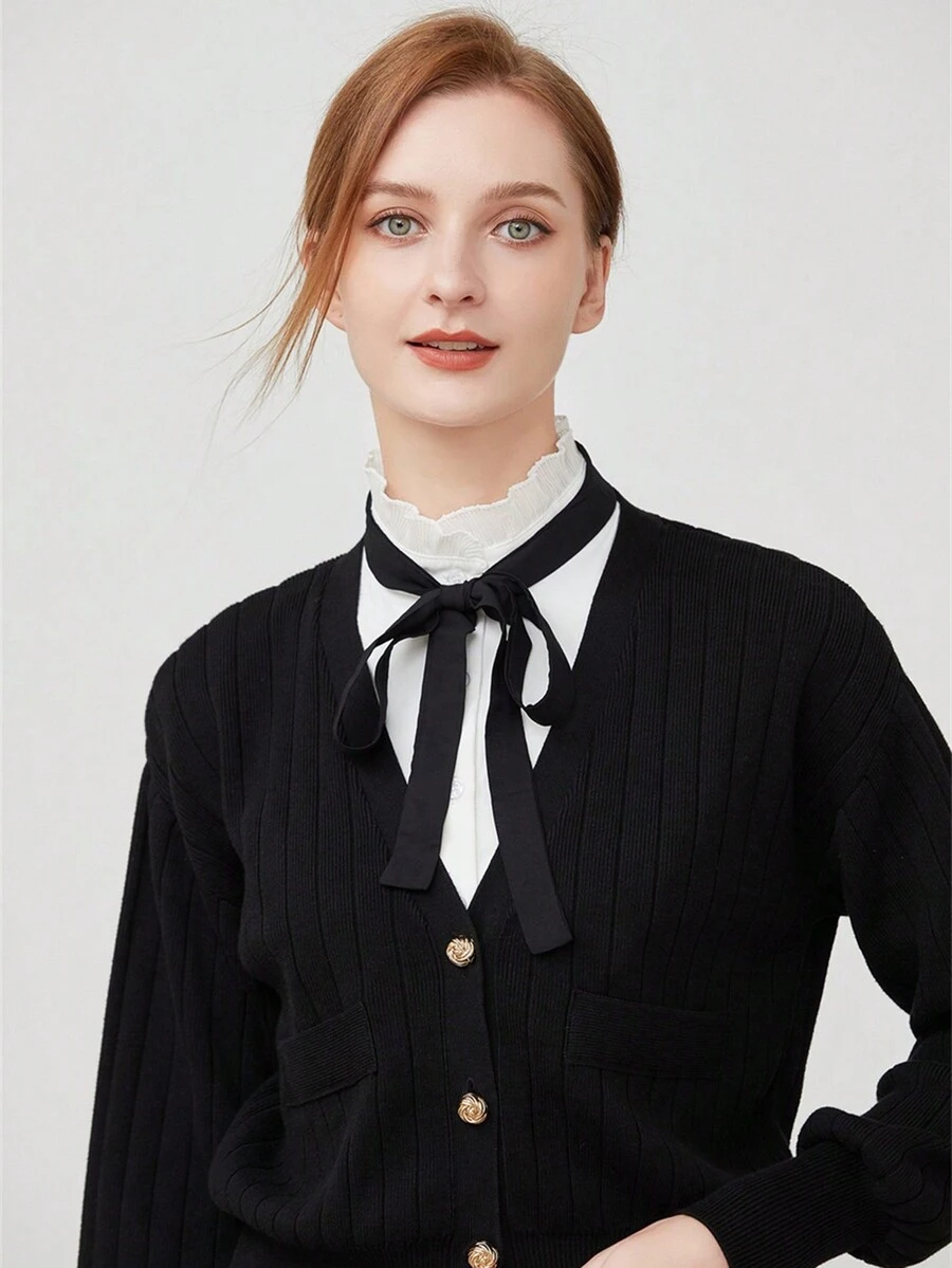 1 pieza Blusa de mujer con contraste de color negro y blanco, cuello con lazo