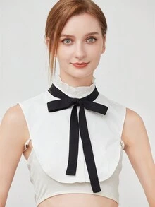 1 pieza Blusa de mujer con contraste de color negro y blanco, cuello con lazo