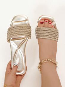 Sandalias planas anchas doradas con purpurina y pedrería para mujeres - Dorado - Ver 2