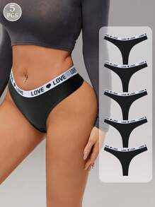 5-Pack Black Low-Rise Seamless Sports Style Pure Comfortable Sexy Women's Thong, Low Rise