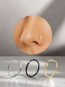3 件装 18k 金色女士男士假穿孔鼻环耳环时尚圆形朋克无穿孔鼻夹不锈钢穿孔鼻中隔身体首饰 - 3件3色鼻環 - 查看 1