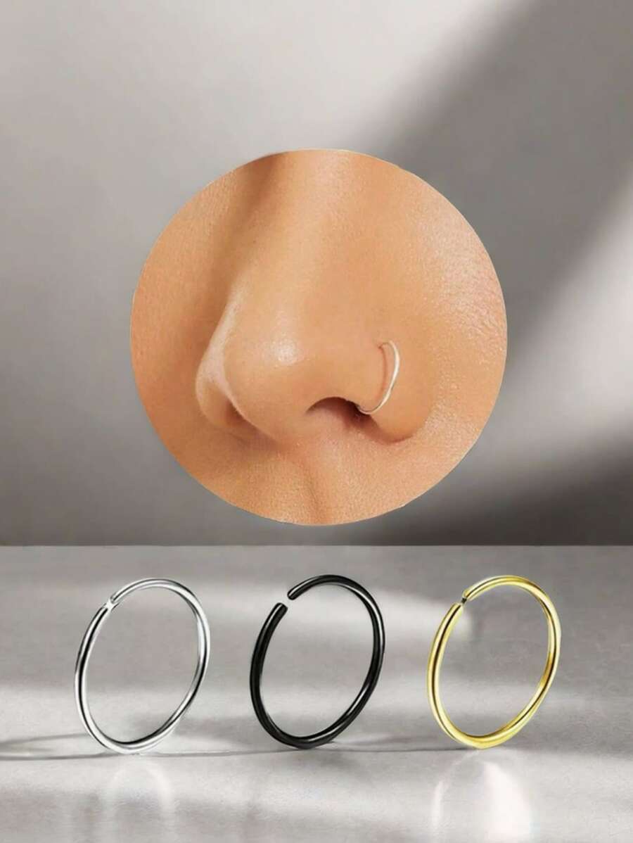 3 件装 18k 金色女士男士假穿孔鼻环耳环时尚圆形朋克无穿孔鼻夹不锈钢穿孔鼻中隔身体首饰 - 3件3色鼻環 - 查看 1