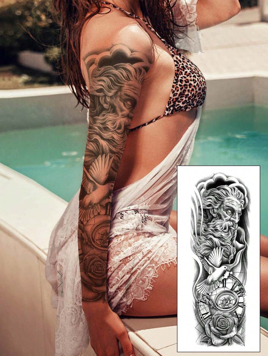 全臂长男女通用雕像、鸽子、时钟和花朵图案临时纹身贴纸，1 张 - 黑色 - 查看 1