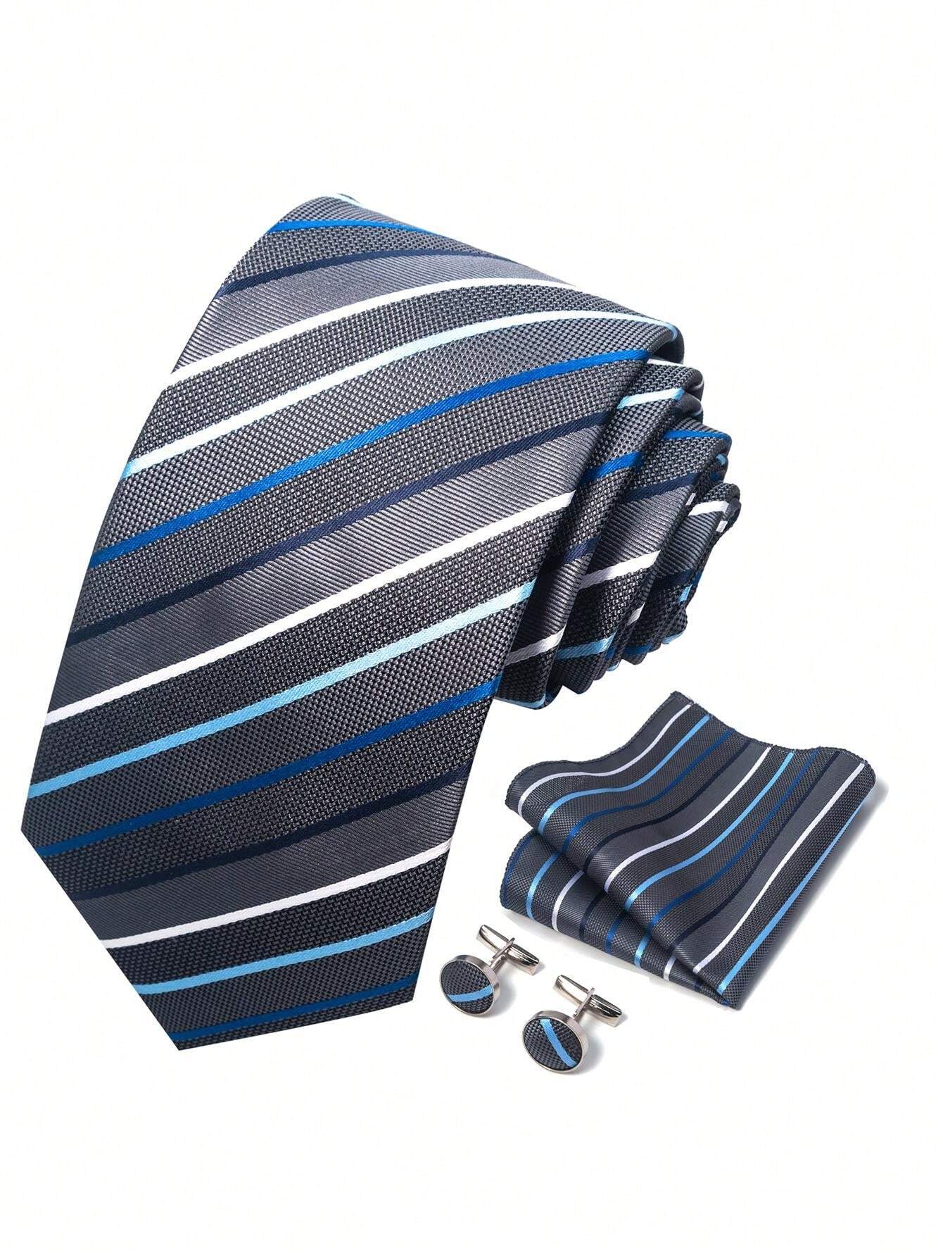 AlanKing 1set Gray Striped Tie, Handkerchief And Cufflinks Set, Formal