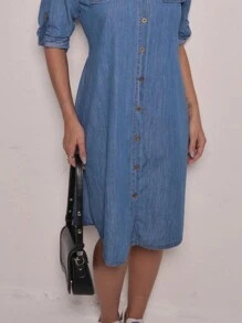 Chamise Jeans Dress Long Sleeve Shirt With Buttons - 中洗 - 查看 2