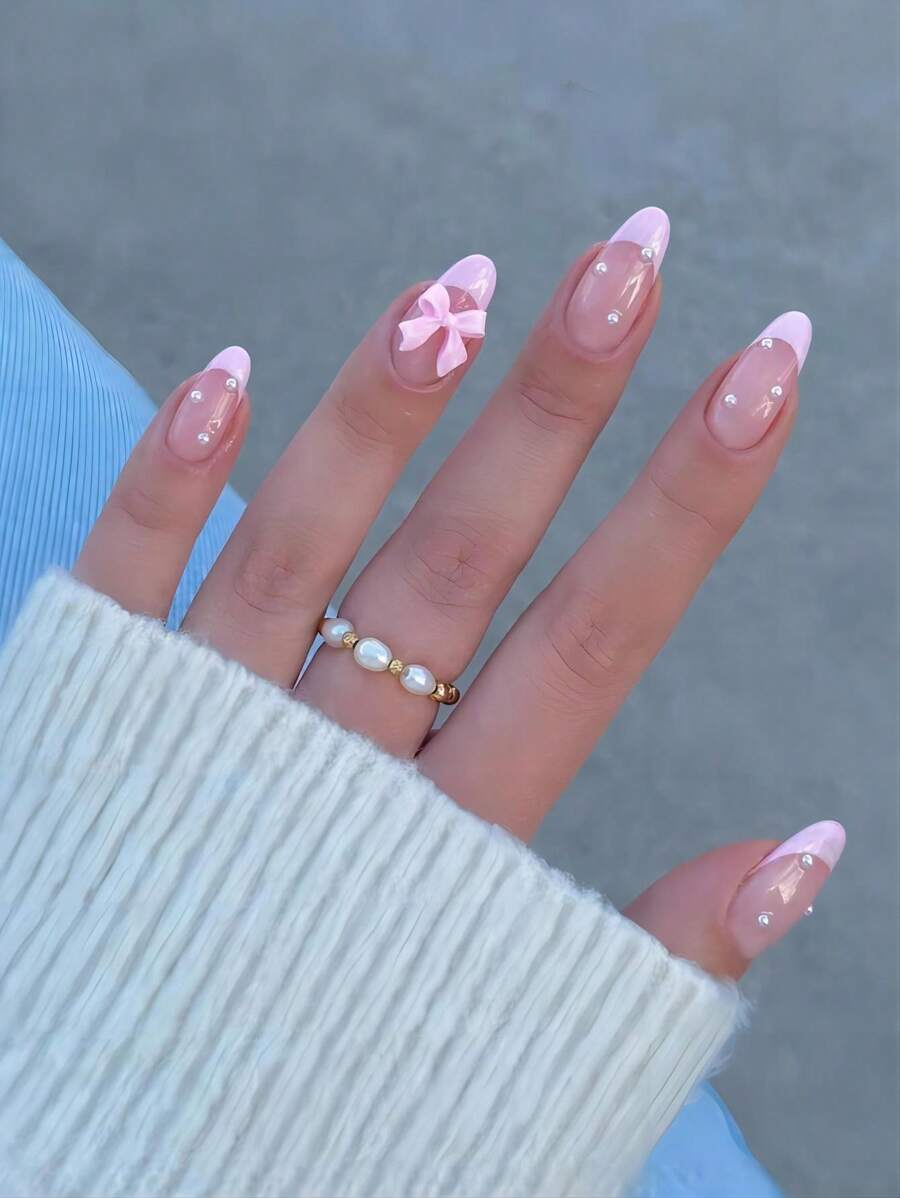 24 piezas de uñas postizas en forma de almendra con diseño de degradado rosa y moños rosa 3D - Perfecto como regalo de primavera y verano para mujeres y niñas, suministros para uñas - Multicolor - Ver 1