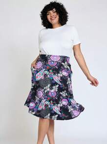 Boho Retro Knee Length Skirt Ditsy Floral - màu đen - Xem 2