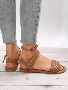 New Comfortable Casual Women's Plus Size Round Toe Braided Band Leather Flat Slide Sandals, Fashion Beach Slippers For Summer