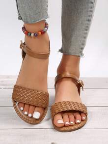 New Comfortable Casual Women's Plus Size Round Toe Braided Band Leather Flat Slide Sandals, Fashion Beach Slippers For Summer