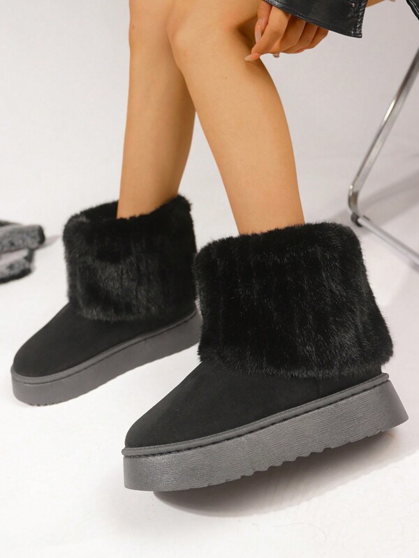 New Mid-Heel Outdoor Warm Mid-Calf Boots, Women's Plus Size Beige High-Top Plush Lined Fur Snow Boots