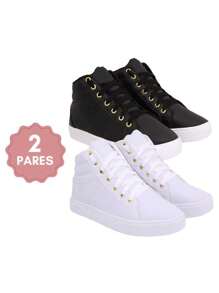 Kit 2 Pairs Women's Basic Star Casual Comfortable High-Top Sneakers Round Toe Lightweight Booties - 黑與白 - 查看 1