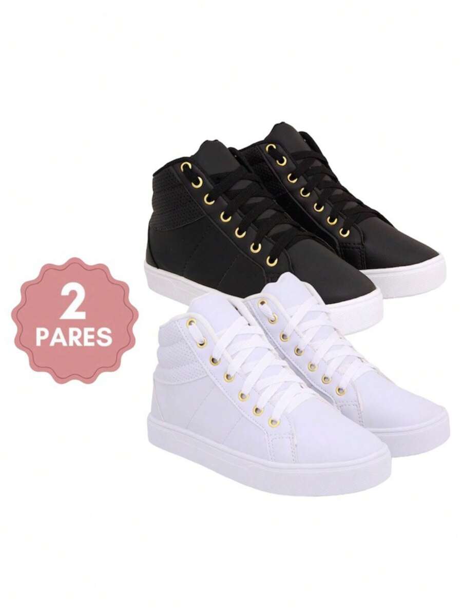Kit 2 Pairs Women's Basic Star Casual Comfortable High-Top Sneakers Round Toe Lightweight Booties - 黑與白 - 查看 1