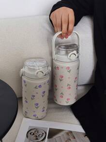 1pc 1000ml Tulip Series Large Capacity Handheld Double-Wall Insulated Tumbler, Keeps Hot/Cold, Water Bottle, Travel Mug, Flat Bottom Cup, Vacuum Flask, Back To School, Holiday Gift, Birthday Present (No Straw) Back To School