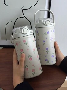1pc 1000ml Tulip Series Large Capacity Handheld Double-Wall Insulated Tumbler, Keeps Hot/Cold, Water Bottle, Travel Mug, Flat Bottom Cup, Vacuum Flask, Back To School, Holiday Gift, Birthday Present (No Straw) Back To School