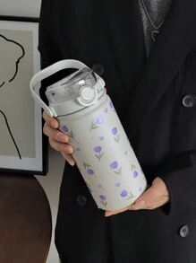 1pc 1000ml Tulip Series Large Capacity Handheld Double-Wall Insulated Tumbler, Keeps Hot/Cold, Water Bottle, Travel Mug, Flat Bottom Cup, Vacuum Flask, Back To School, Holiday Gift, Birthday Present (No Straw) Back To School