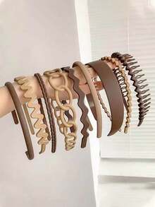 9pcs/Set Matte Plastic Headbands For Women, Brown - Brown - View 2