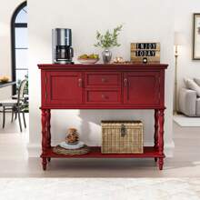 Console Table With 2 Drawers, Retro Entryway Table With 2 Door Cabinets And Open Storage Shelf, Narrow Long Sofa Table, Behind Couch Table For Living Room, Foyer And Hallway - 紅色 - 查看 2