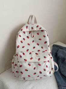 韩国草莓印花校园背包，适合初中和高中女生的休闲背包校园背包，书包，学校书包，大背包，校园背包，大容量返校包，便携，轻便，适合少女女大学生，非常适合返校、大学、中学、高中、开学第一天，时尚可爱的草莓钱包 - 米色 - 查看 5
