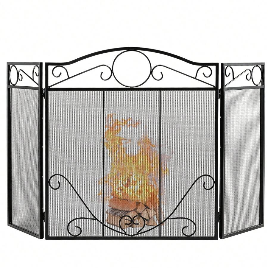 3-Panel Fireplace Screen, Folding Spark Guard With Exquisite Pattern For Baby & Pets, Freestanding Fence For Wood Burner, Open Fire, No Assembly Required, Black - Black - View 1